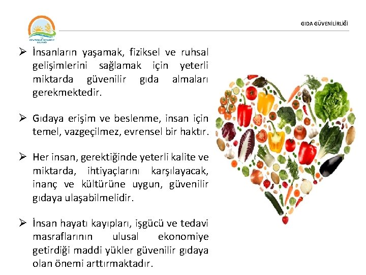 GIDA GÜVENİLİRLİĞİ Ø İnsanların yaşamak, fiziksel ve ruhsal gelişimlerini sağlamak için yeterli miktarda güvenilir