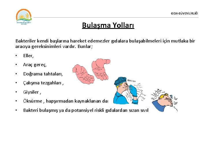 GIDA GÜVENİLİRLİĞİ Bulaşma Yolları Bakteriler kendi başlarına hareket edemezler gıdalara bulaşabilmeleri için mutlaka bir