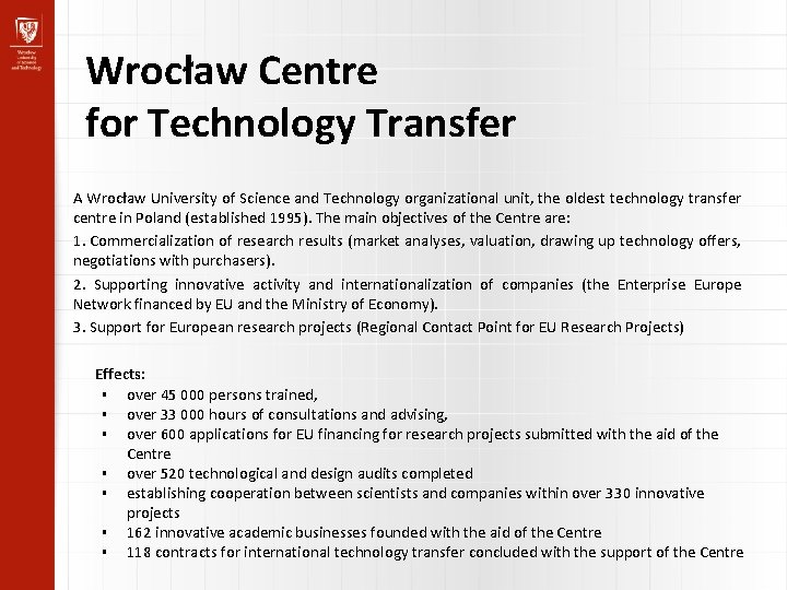 Wrocław Centre for Technology Transfer A Wrocław University of Science and Technology organizational unit,