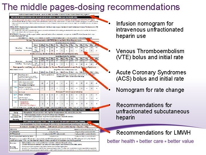 The middle pages-dosing recommendations • Infusion nomogram for intravenous unfractionated heparin use • Venous