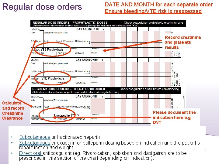 Regular dose orders DATE AND MONTH for each separate order Ensure bleeding/VTE risk is