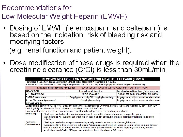 Recommendations for Low Molecular Weight Heparin (LMWH) • Dosing of LMWH (ie enoxaparin and