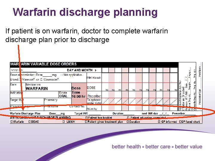 Warfarin discharge planning If patient is on warfarin, doctor to complete warfarin discharge plan