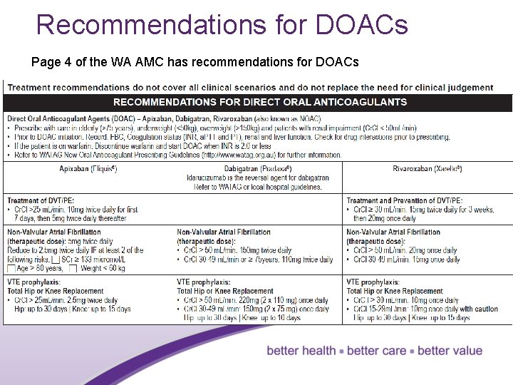 Recommendations for DOACs Page 4 of the WA AMC has recommendations for DOACs 
