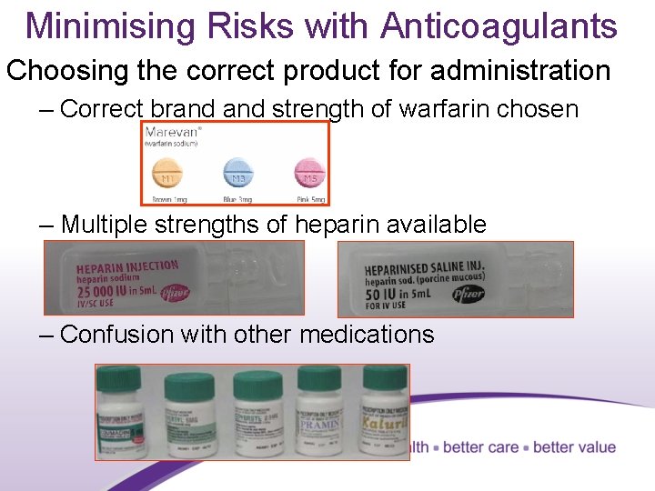 Minimising Risks with Anticoagulants Choosing the correct product for administration – Correct brand strength