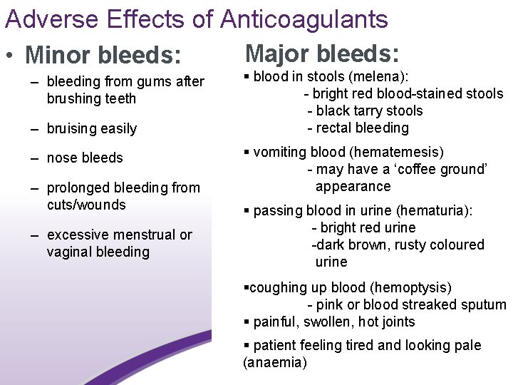 Adverse Effects of Anticoagulants Major bleeds: • Minor bleeds: – bleeding from gums after