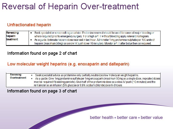 Reversal of Heparin Over-treatment Unfractionated heparin Information found on page 2 of chart Low
