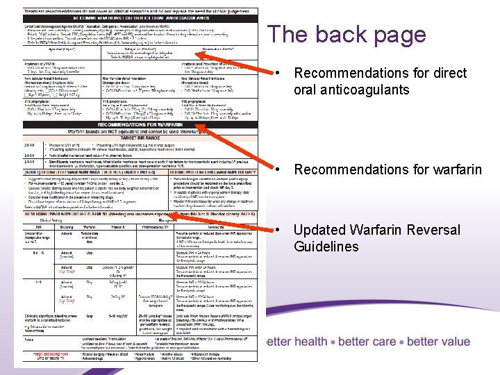 The back page • Recommendations for direct oral anticoagulants • Recommendations for warfarin •