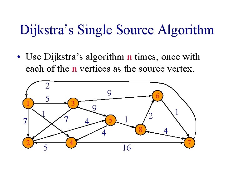 Dijkstra’s Single Source Algorithm • Use Dijkstra’s algorithm n times, once with each of