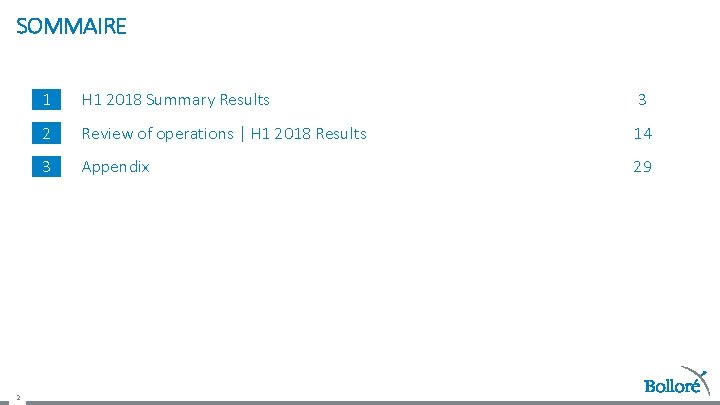 SOMMAIRE 2 1 H 1 2018 Summary Results 3 2 Review of operations |