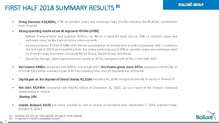 FIRST HALF 2018 SUMMARY RESULTS (1) § Group Revenue: € 10, 869 m, +7%