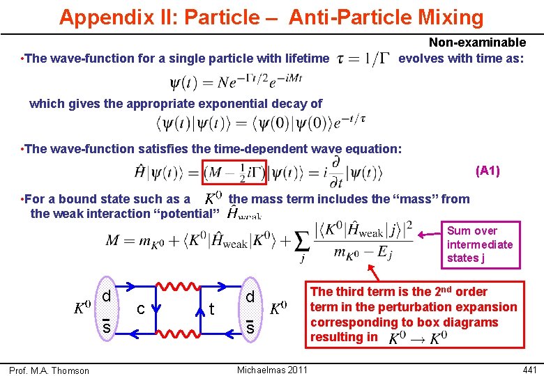 Appendix II: Particle – Anti-Particle Mixing • The wave-function for a single particle with