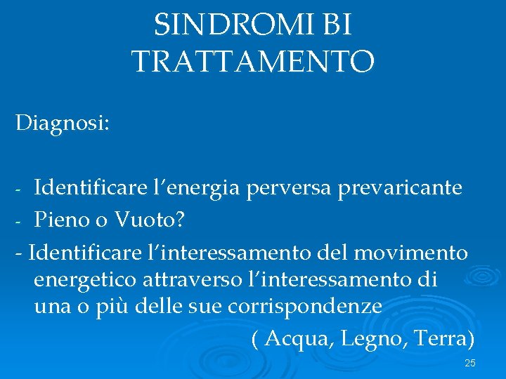 SINDROMI BI TRATTAMENTO Diagnosi: Identificare l’energia perversa prevaricante - Pieno o Vuoto? - Identificare