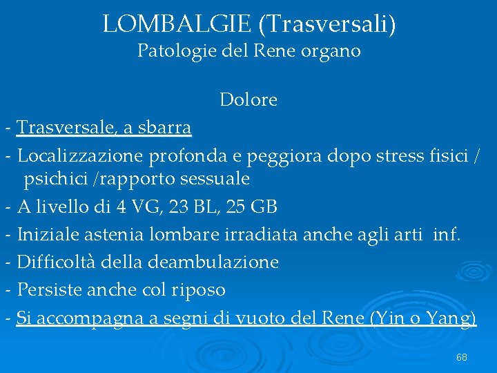 LOMBALGIE (Trasversali) Patologie del Rene organo Dolore - Trasversale, a sbarra - Localizzazione profonda