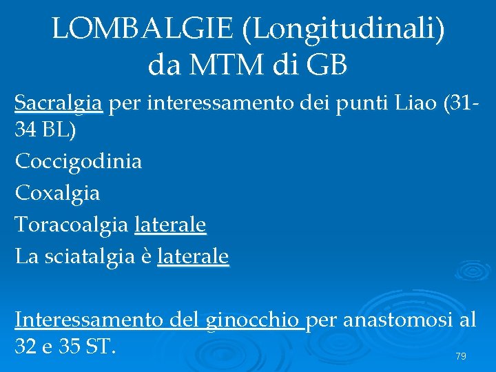 LOMBALGIE (Longitudinali) da MTM di GB Sacralgia per interessamento dei punti Liao (3134 BL)