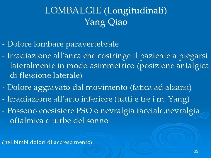 LOMBALGIE (Longitudinali) Yang Qiao - Dolore lombare paravertebrale - Irradiazione all’anca che costringe il