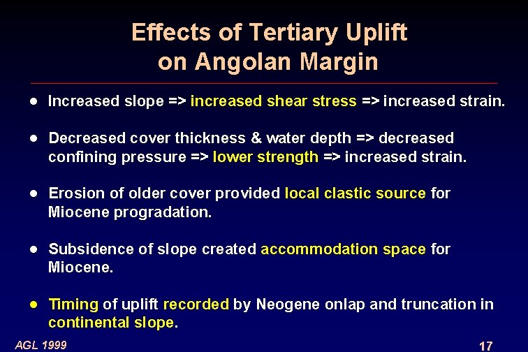 Effects of Tertiary Uplift on Angolan Margin · Increased slope => increased shear stress