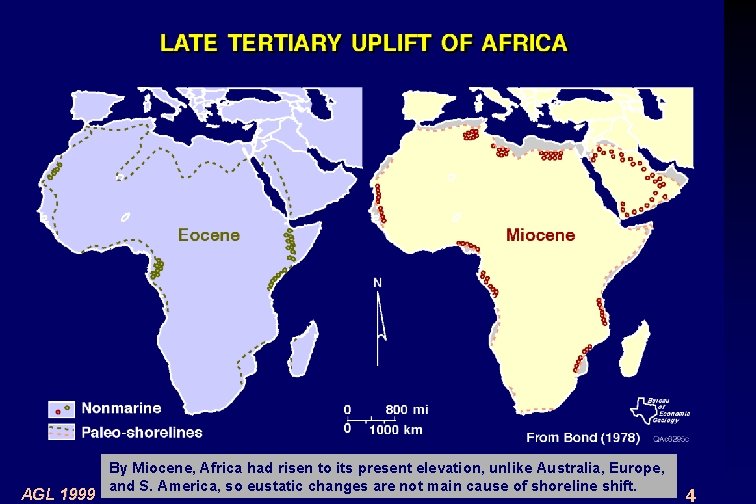 AGL 1999 By Miocene, Africa had risen to its present elevation, unlike Australia, Europe,