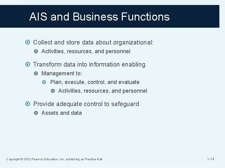 AIS and Business Functions Collect and store data about organizational: Activities, resources, and personnel AIS and Business Functions Collect and store data about organizational: Activities, resources, and personnel