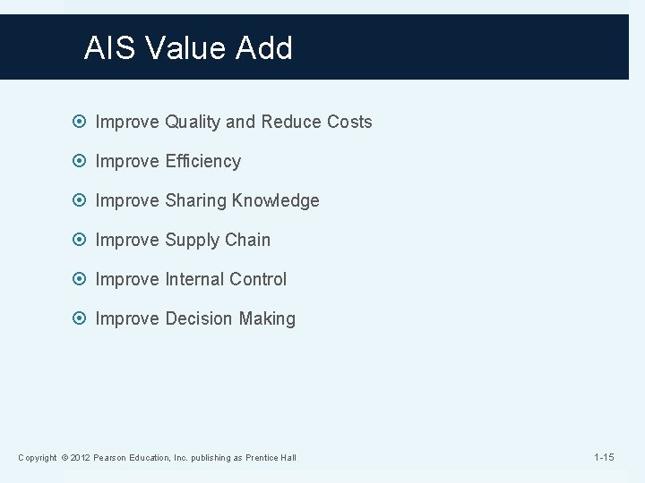 AIS Value Add Improve Quality and Reduce Costs Improve Efficiency Improve Sharing Knowledge Improve AIS Value Add Improve Quality and Reduce Costs Improve Efficiency Improve Sharing Knowledge Improve