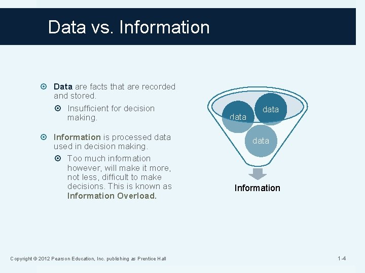 Data vs. Information Data are facts that are recorded and stored. Insufficient for decision Data vs. Information Data are facts that are recorded and stored. Insufficient for decision