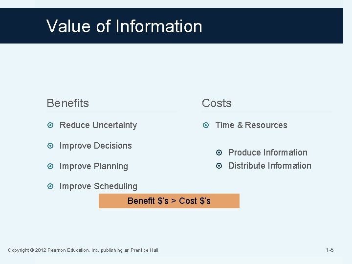 Value of Information Benefits Costs Reduce Uncertainty Time & Resources Improve Decisions Improve Planning Value of Information Benefits Costs Reduce Uncertainty Time & Resources Improve Decisions Improve Planning