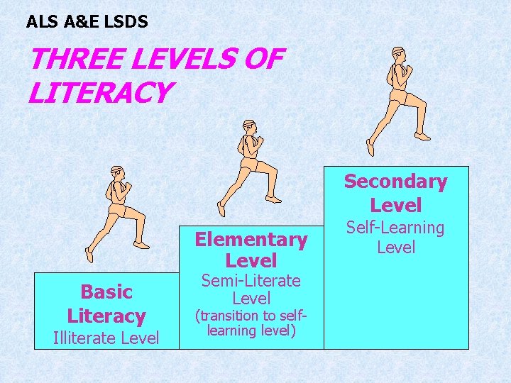 ALS A&E LSDS THREE LEVELS OF LITERACY Secondary Level Elementary Level Basic Literacy Illiterate