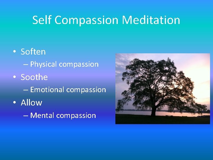 Self Compassion Meditation • Soften – Physical compassion • Soothe – Emotional compassion • Self Compassion Meditation • Soften – Physical compassion • Soothe – Emotional compassion •