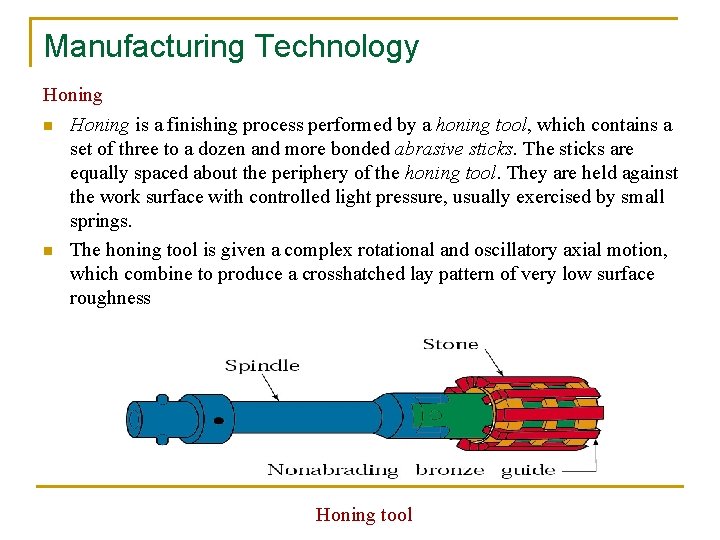 Manufacturing Technology Honing n n Honing is a finishing process performed by a honing