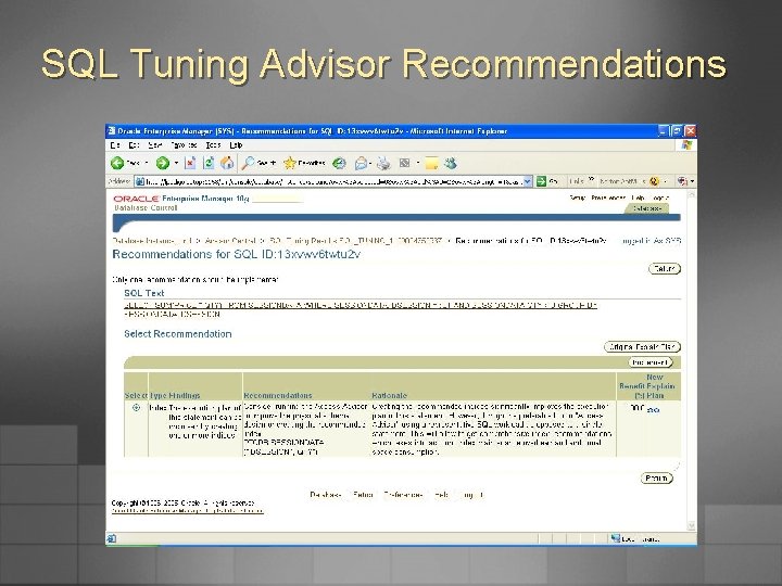 SQL Tuning Advisor Recommendations 