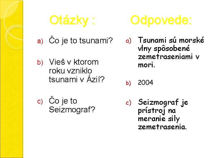  Otázky : Odpovede: a) Čo je to tsunami? a) b) Vieš v ktorom