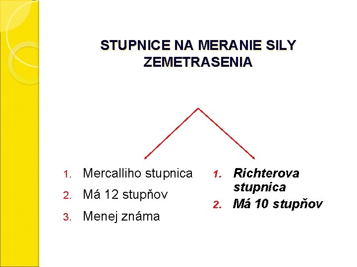 STUPNICE NA MERANIE SILY ZEMETRASENIA 1. Mercalliho stupnica 2. Má 12 stupňov 3. Menej