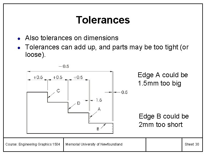 Tolerances l l Also tolerances on dimensions Tolerances can add up, and parts may