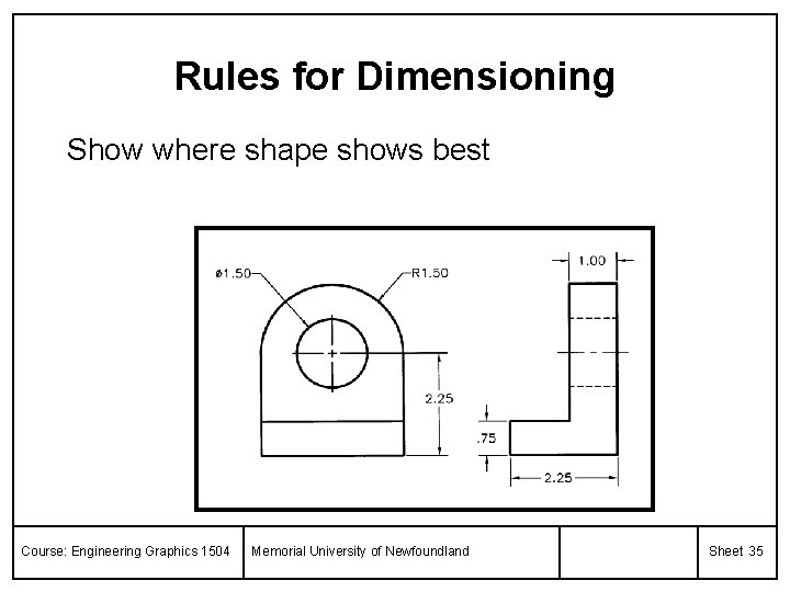 Rules for Dimensioning Show where shape shows best Course: Engineering Graphics 1504 Memorial University