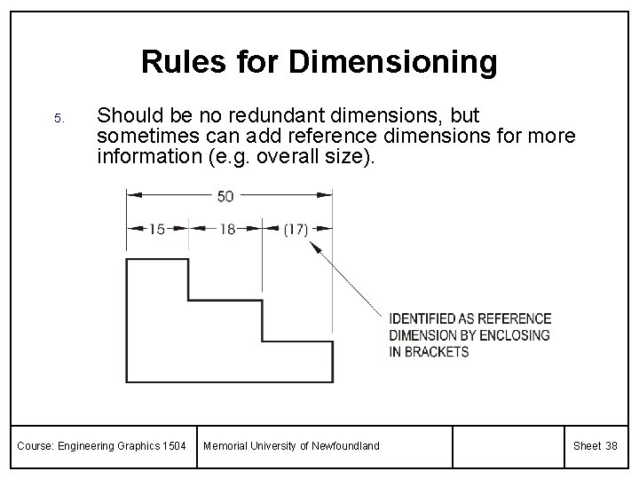 Rules for Dimensioning 5. Should be no redundant dimensions, but sometimes can add reference