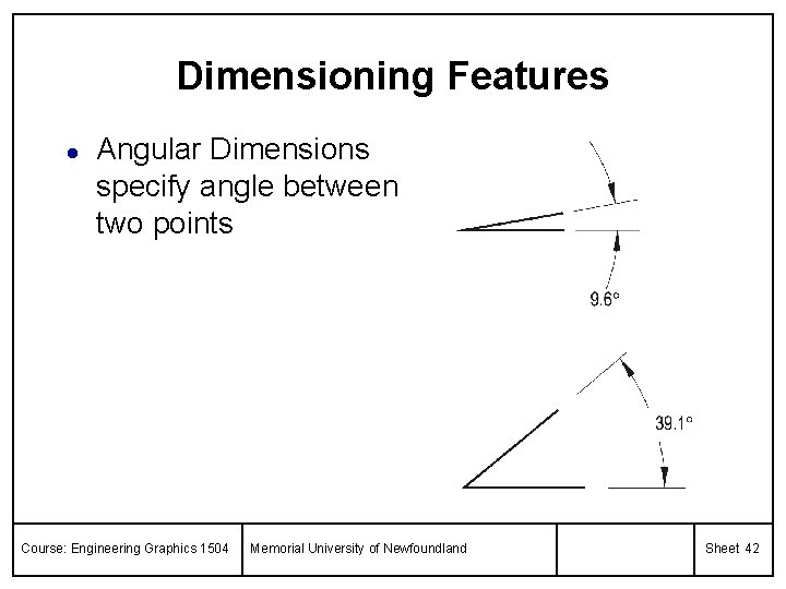Dimensioning Features l Angular Dimensions specify angle between two points Course: Engineering Graphics 1504