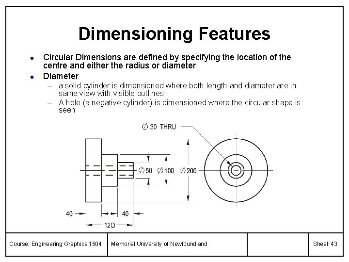 Dimensioning Features l l Circular Dimensions are defined by specifying the location of the