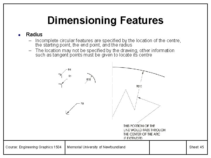Dimensioning Features l Radius – Incomplete circular features are specified by the location of