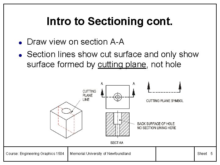Intro to Sectioning cont. l l Draw view on section A-A Section lines show