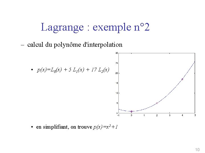 Lagrange : exemple n° 2 – calcul du polynôme d'interpolation • p(x)=L 0(x) +