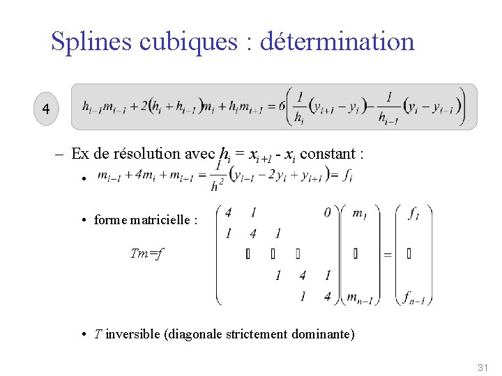 Splines cubiques : détermination 4 – Ex de résolution avec hi = xi+1 -