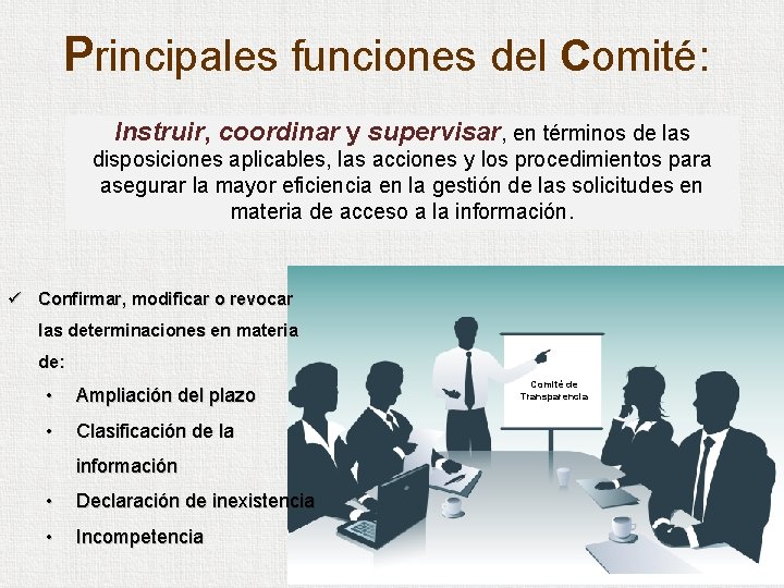 Principales funciones del Comité: Instruir, coordinar y supervisar, en términos de las disposiciones aplicables,