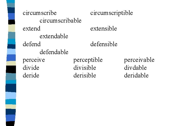 circumscribe circumscriptible circumscribable extend extensible extendable defend defensible defendable perceive perceptible perceivable divide divisible