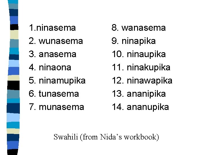 1. ninasema 2. wunasema 3. anasema 4. ninaona 5. ninamupika 6. tunasema 7. munasema