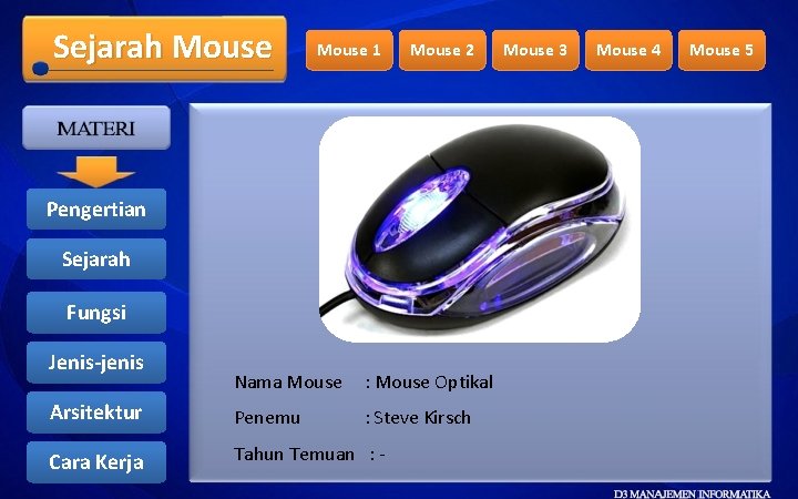 Sejarah Mouse 1 Mouse 2 Pengertian Sejarah Fungsi Jenis-jenis Nama Mouse : Mouse Optikal