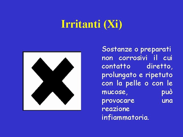 Irritanti (Xi) Sostanze o preparati non corrosivi il cui contatto diretto, prolungato e ripetuto