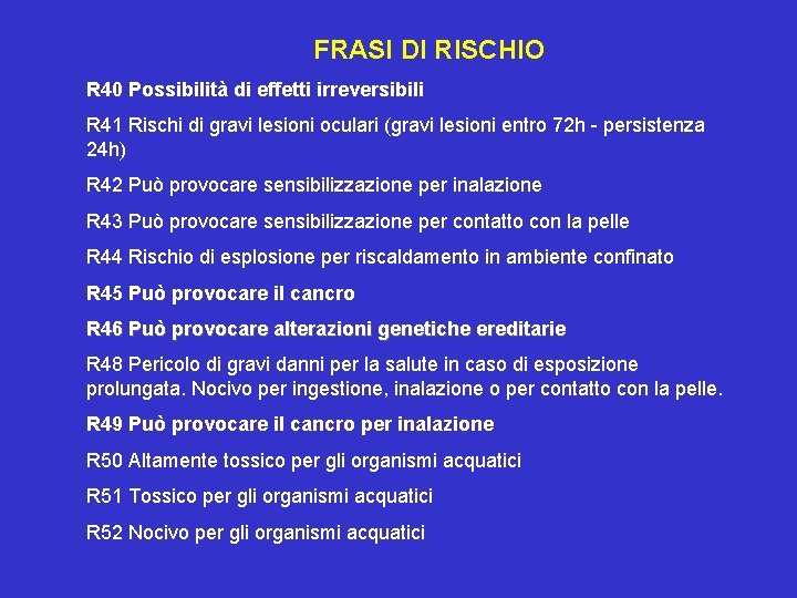 FRASI DI RISCHIO R 40 Possibilità di effetti irreversibili R 41 Rischi di gravi