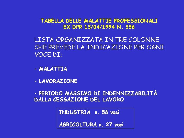 TABELLA DELLE MALATTIE PROFESSIONALI EX DPR 13/04/1994 N. 336 LISTA ORGANIZZATA IN TRE COLONNE