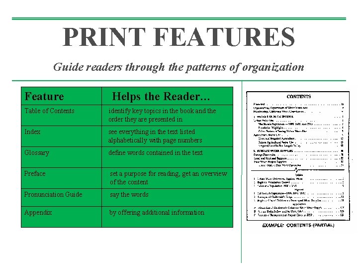 PRINT FEATURES Guide readers through the patterns of organization Feature Helps the Reader… Table PRINT FEATURES Guide readers through the patterns of organization Feature Helps the Reader… Table