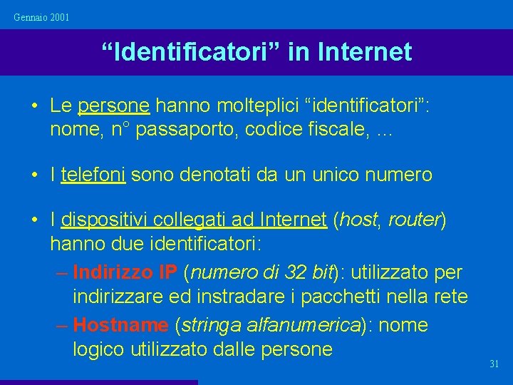 Gennaio 2001 “Identificatori” in Internet • Le persone hanno molteplici “identificatori”: nome, n° passaporto, Gennaio 2001 “Identificatori” in Internet • Le persone hanno molteplici “identificatori”: nome, n° passaporto,